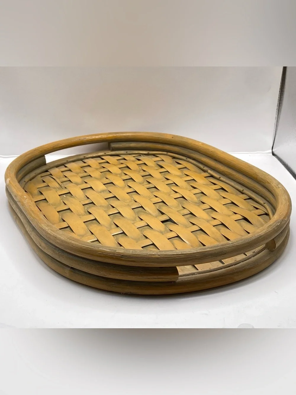 Vintage Bamboo Rattan Serving Tray Oval Woven Boho Coastal Decor 16.5”